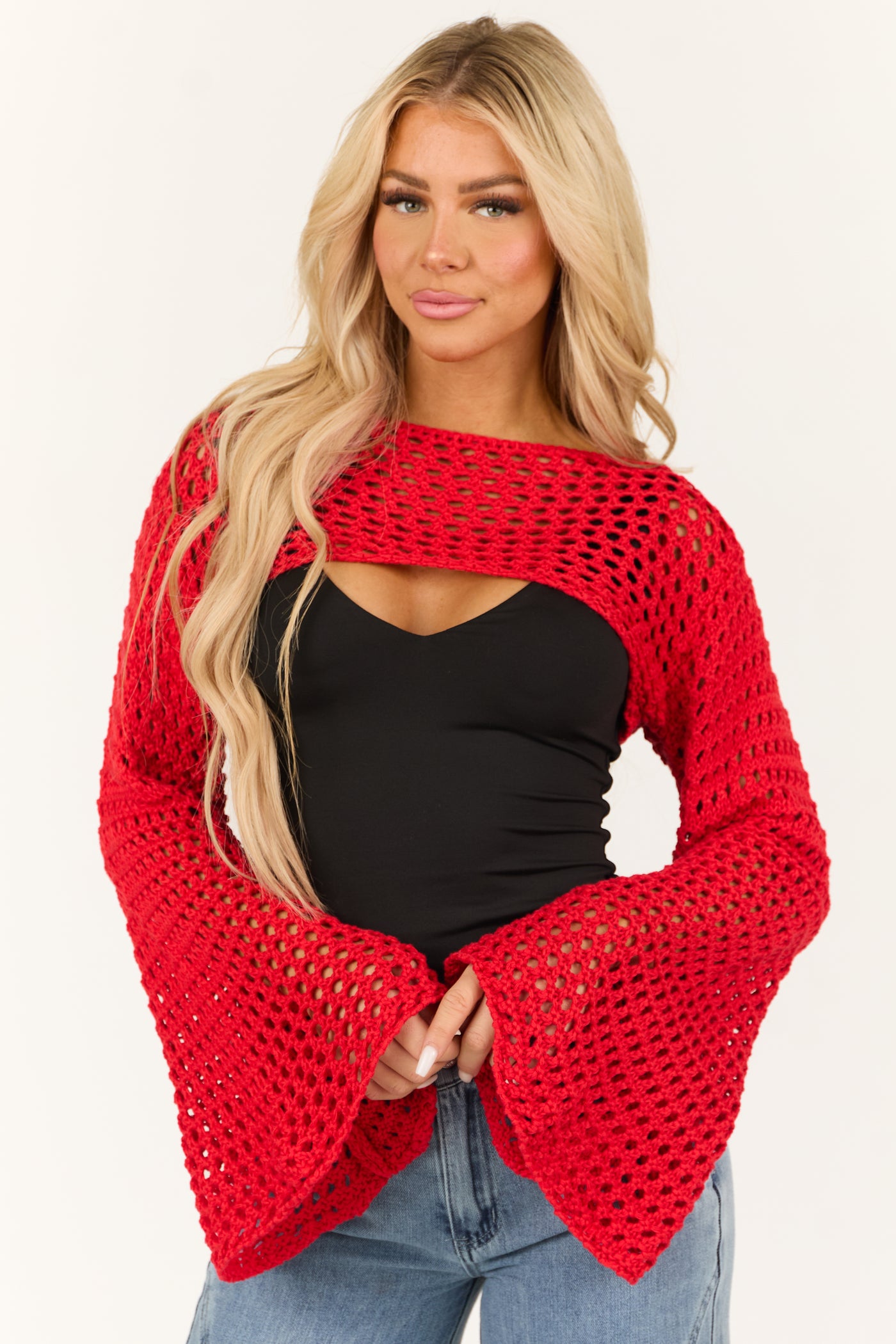 Bright Scarlet Crochet Knit Shrug Sweater