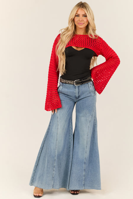 Bright Scarlet Crochet Knit Shrug Sweater