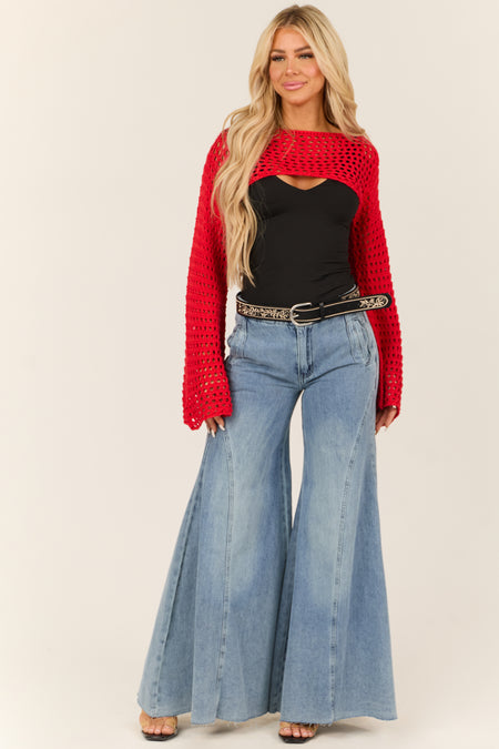 Bright Scarlet Crochet Knit Shrug Sweater