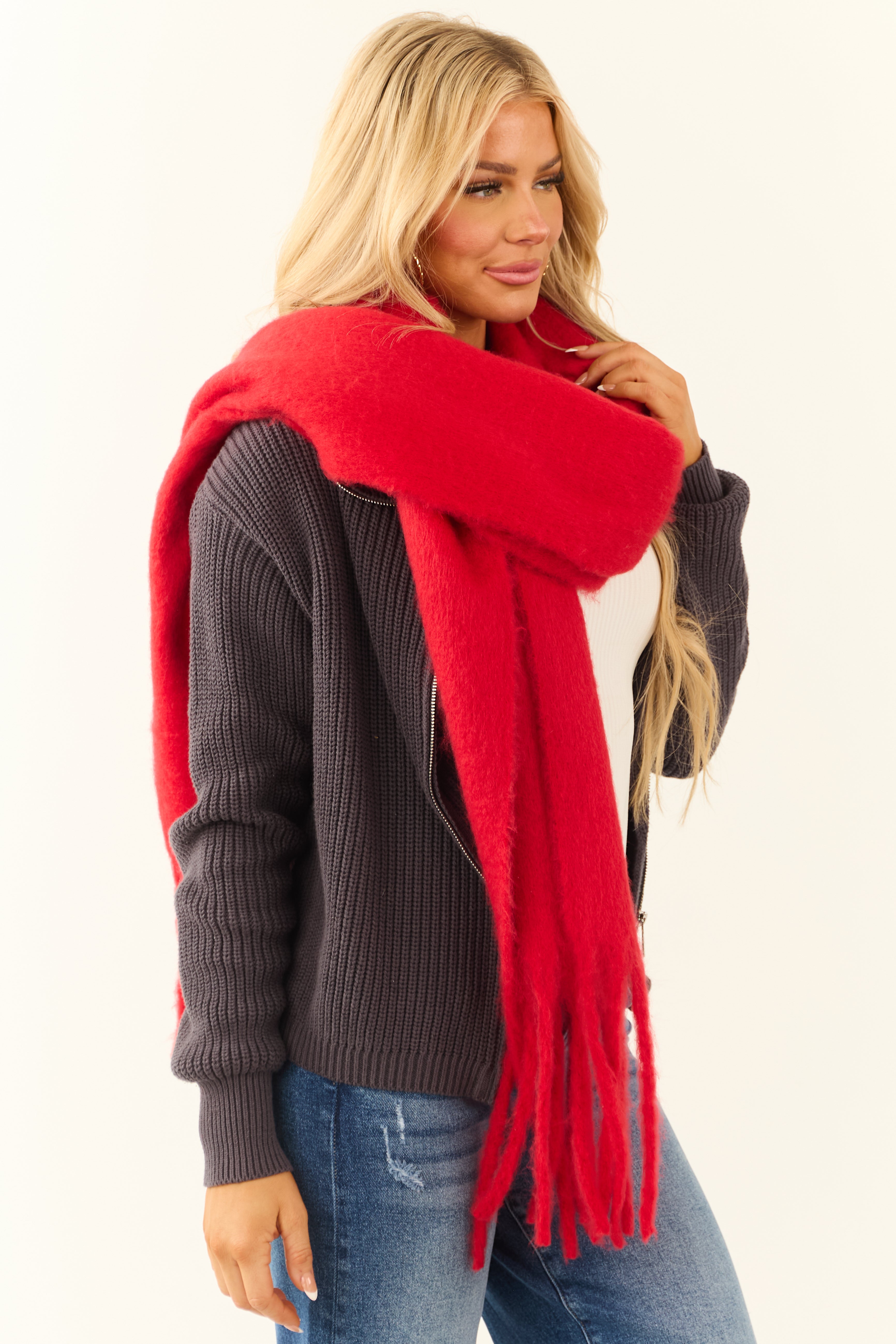 Bright Lipstick Tassel End Oversized Scarf