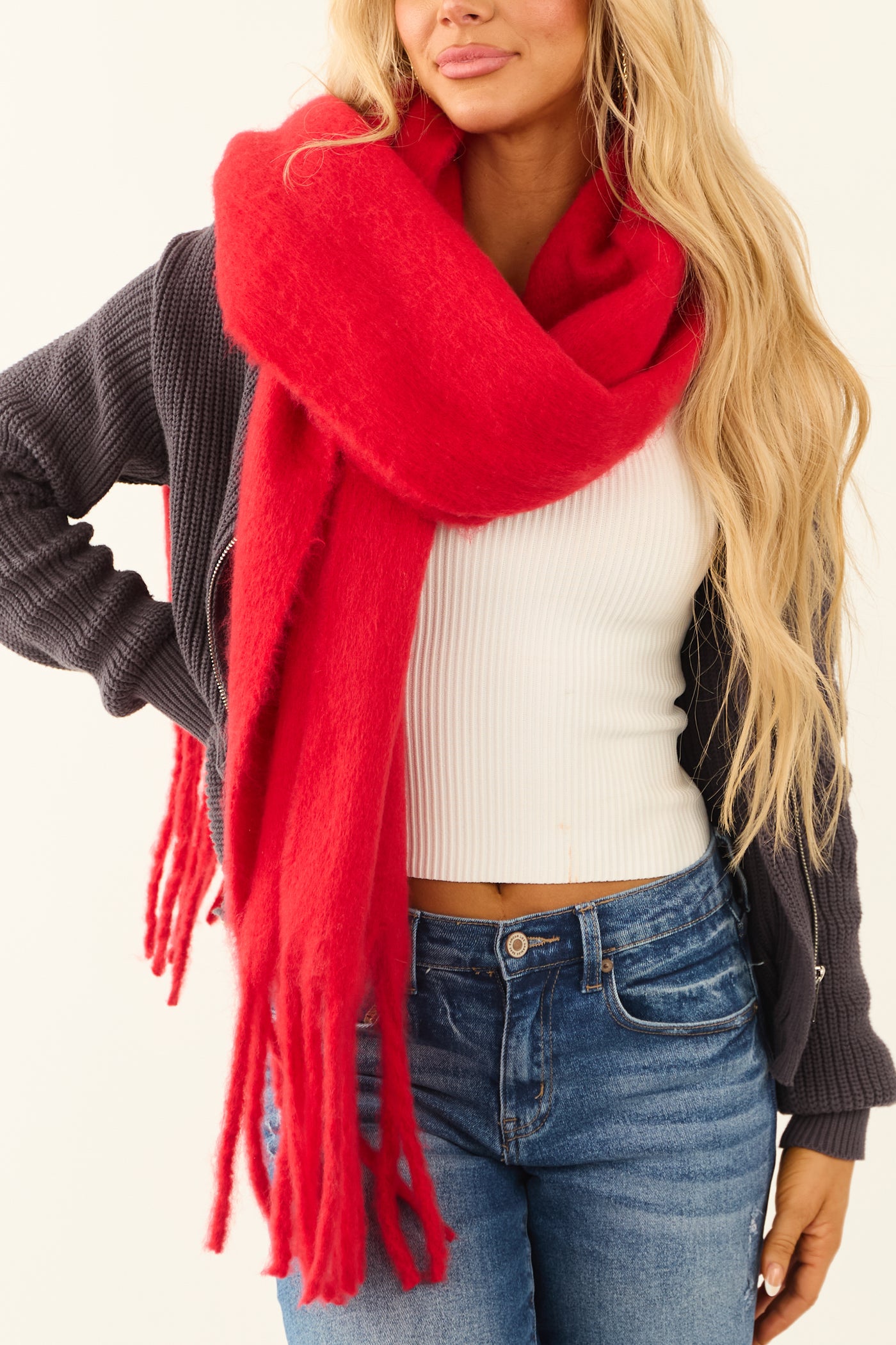 Bright Lipstick Tassel End Oversized Scarf