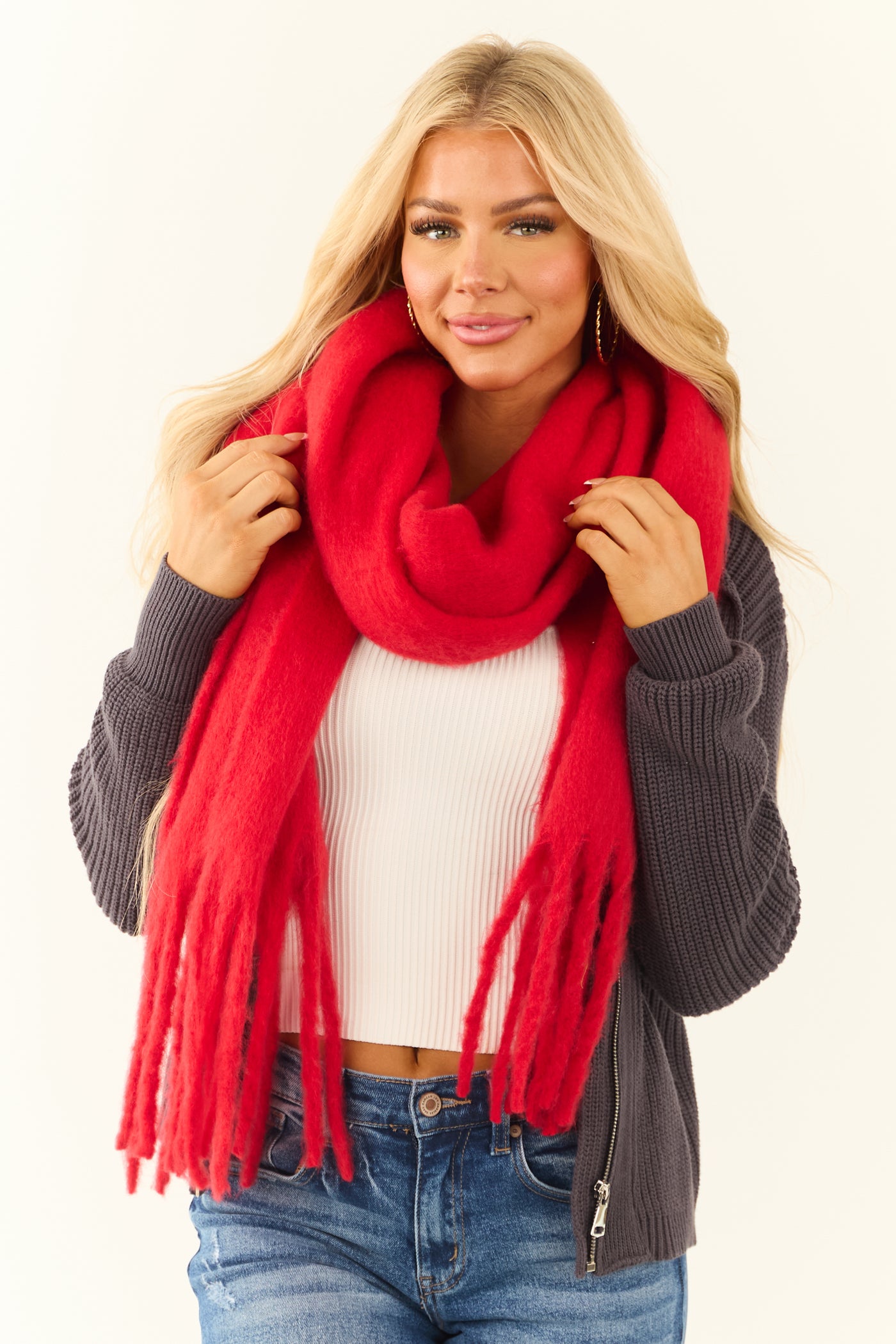 Bright Lipstick Tassel End Oversized Scarf