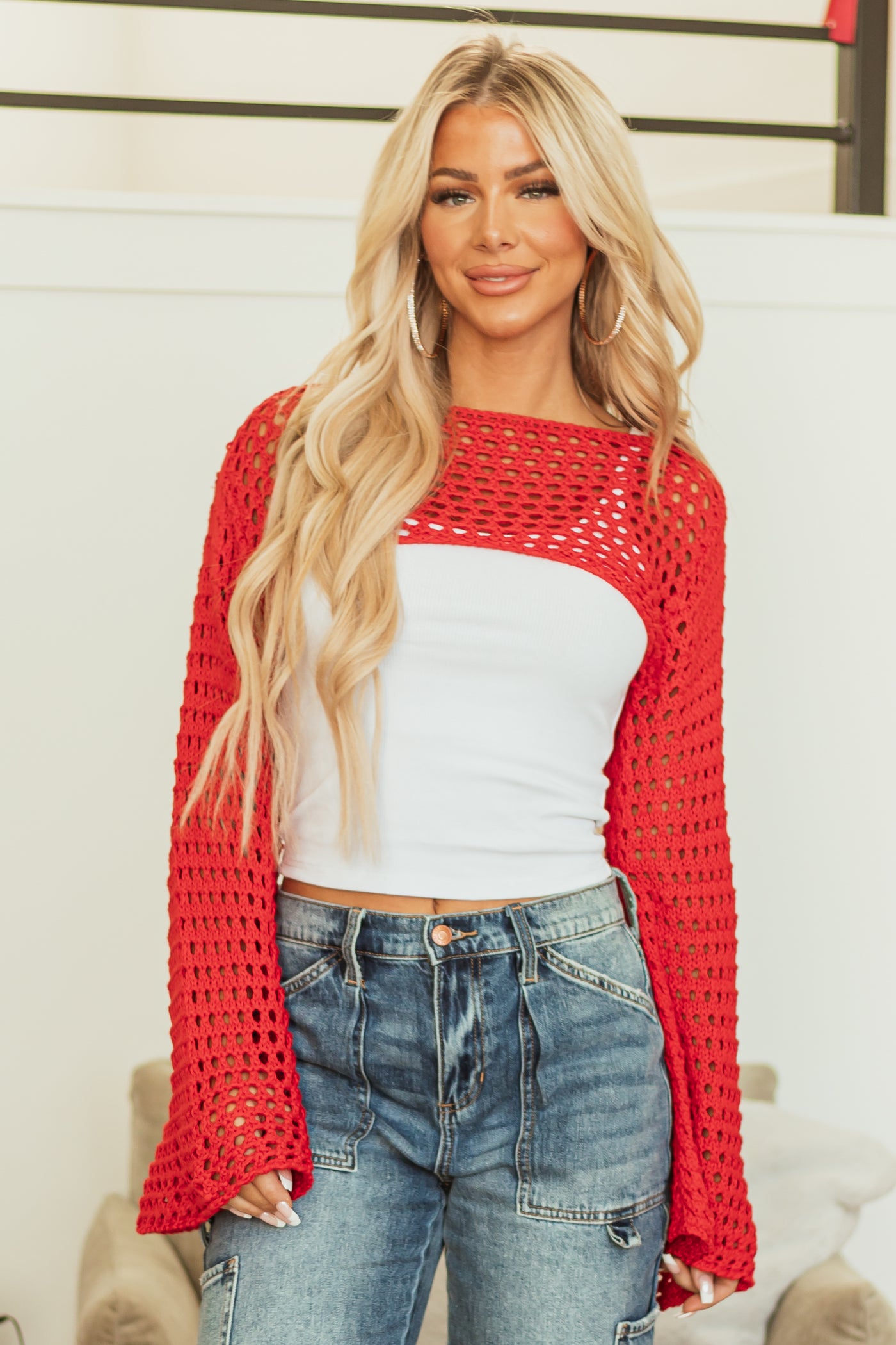 Bright Scarlet Crochet Knit Shrug Sweater