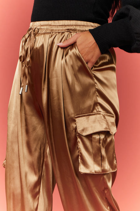 Bronze Satin Cargo Pocket Smocked Jogger Pants