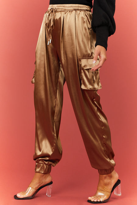 Bronze Satin Cargo Pocket Smocked Jogger Pants