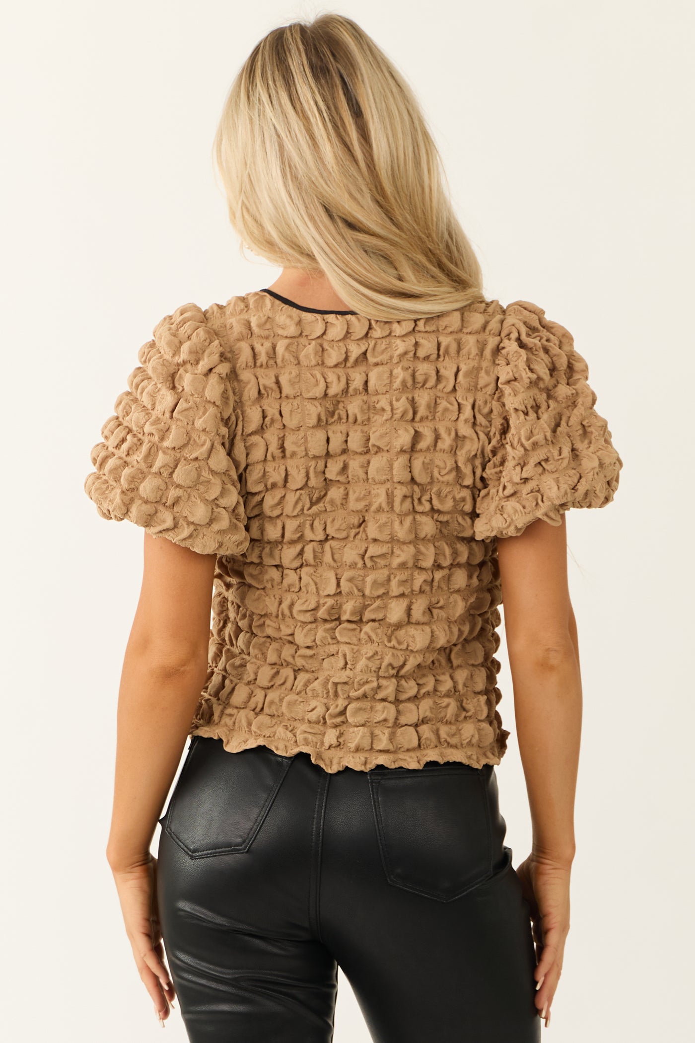 Brown Sugar Bubble Textured Front Tie Top