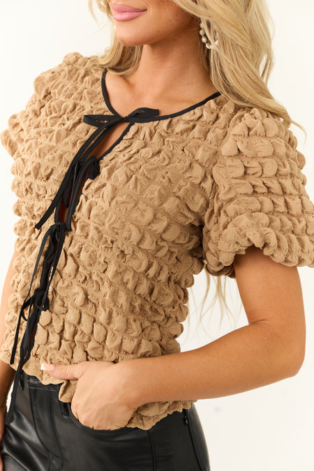 Brown Sugar Bubble Textured Front Tie Top