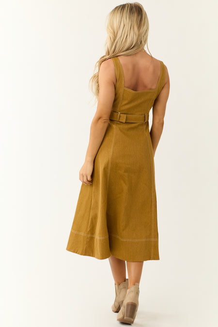 Brown Sugar Denim Sleeveless Belted Midi Dress