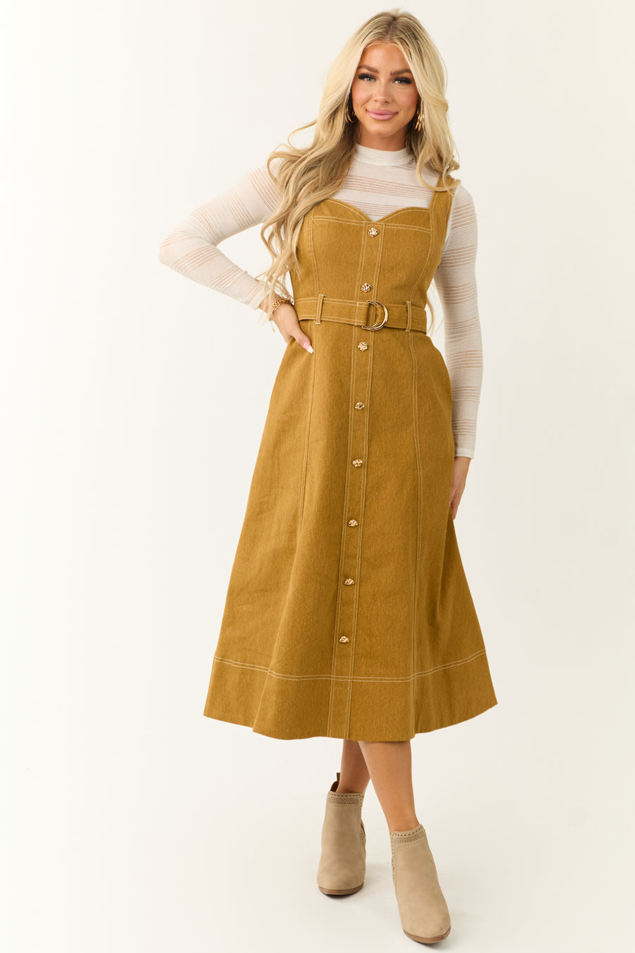 Brown Sugar Denim Sleeveless Belted Midi Dress