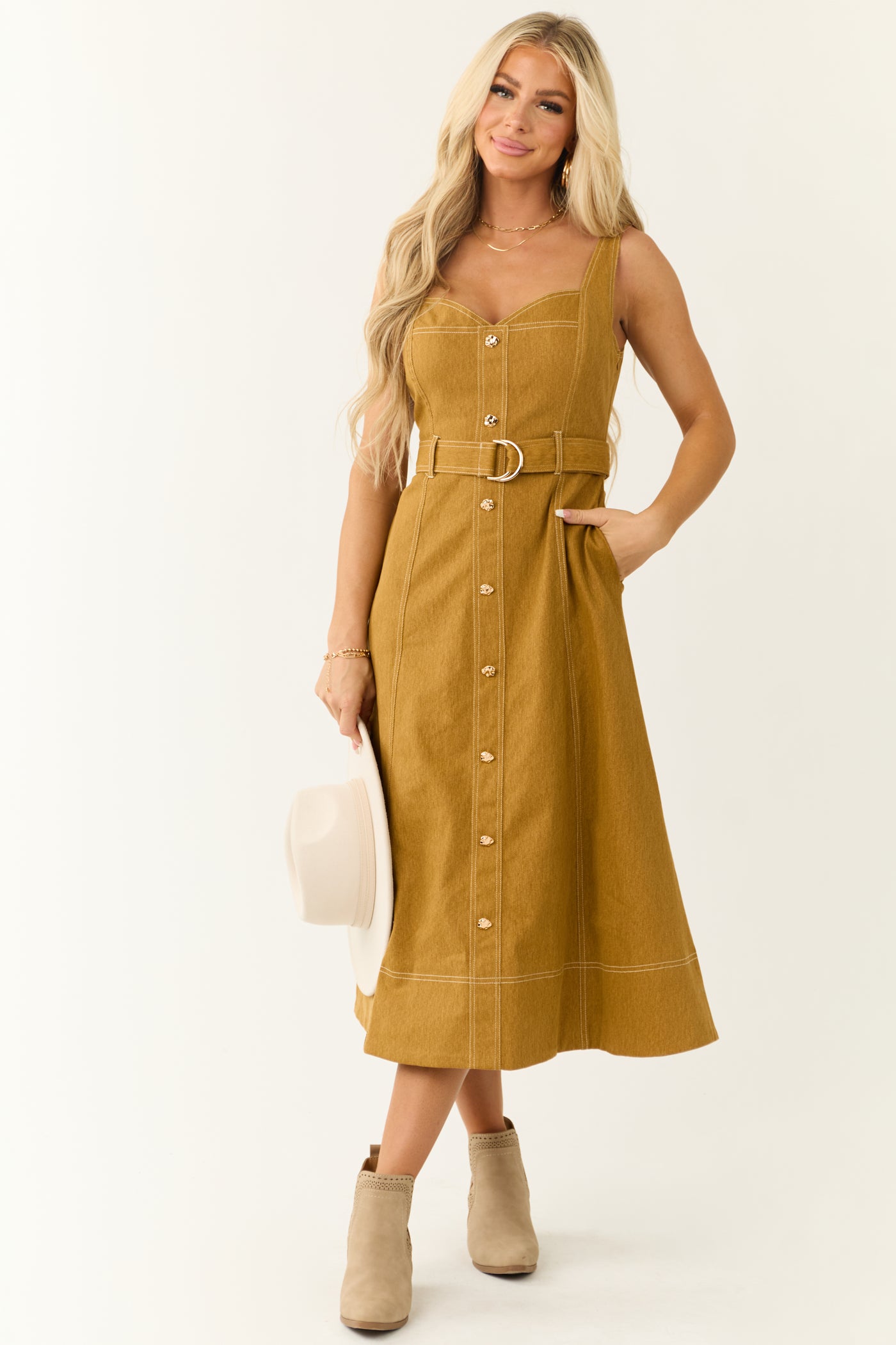 Brown Sugar Denim Sleeveless Belted Midi Dress