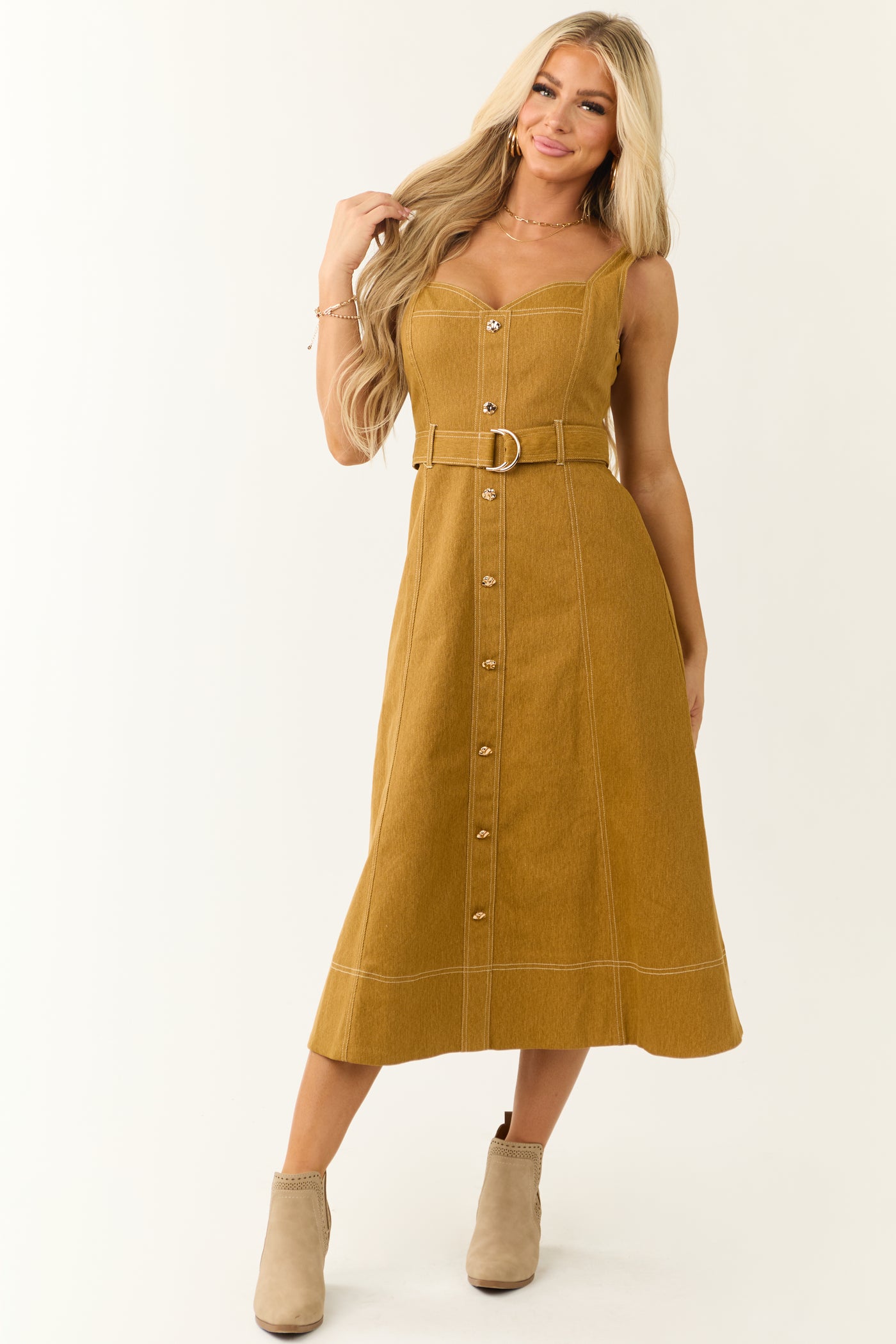 Brown Sugar Denim Sleeveless Belted Midi Dress