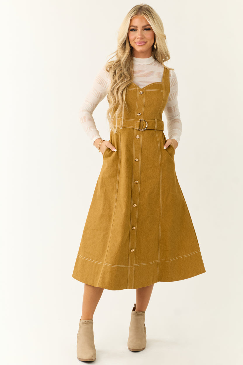 Brown Sugar Denim Sleeveless Belted Midi Dress