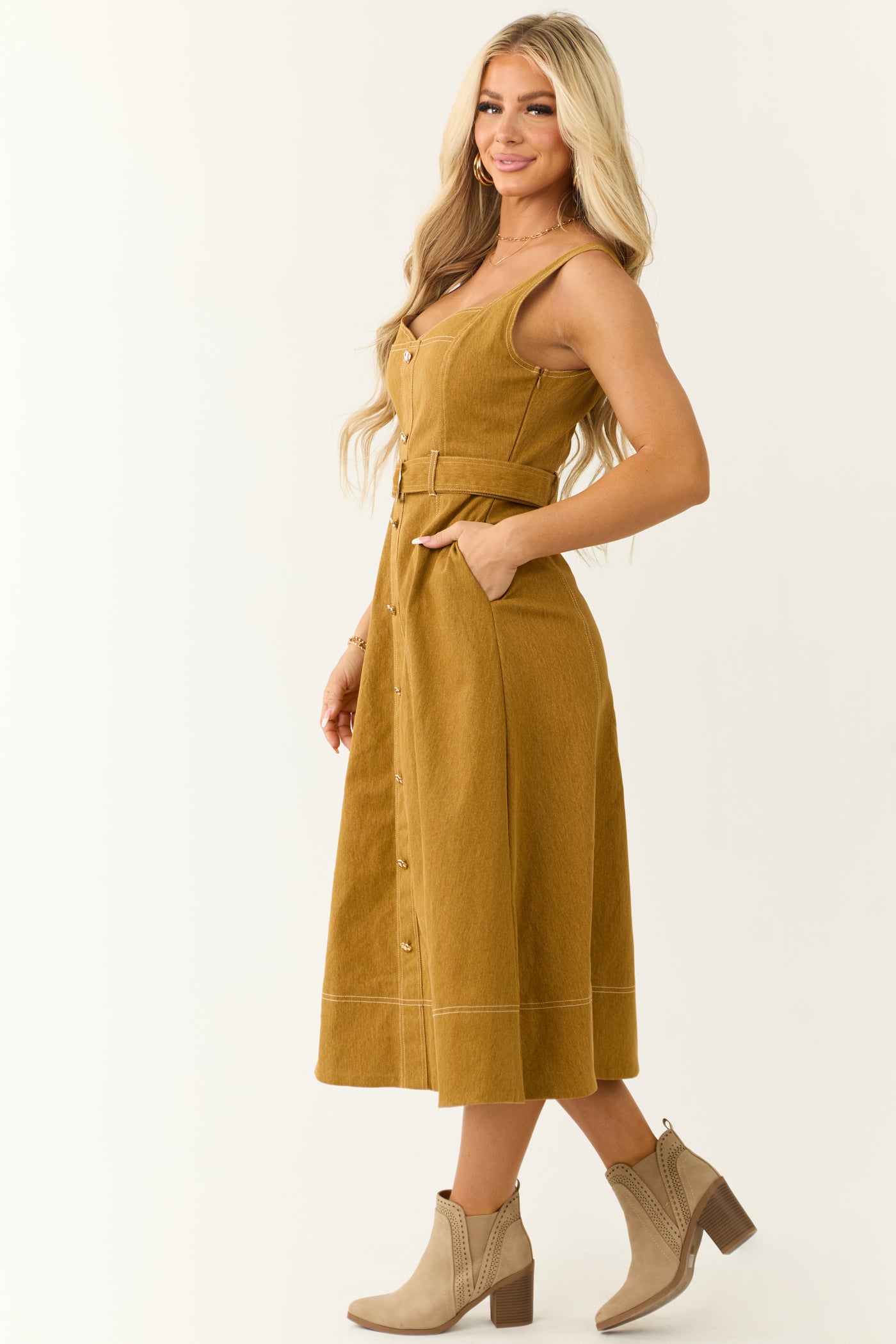 Brown Sugar Denim Sleeveless Belted Midi Dress