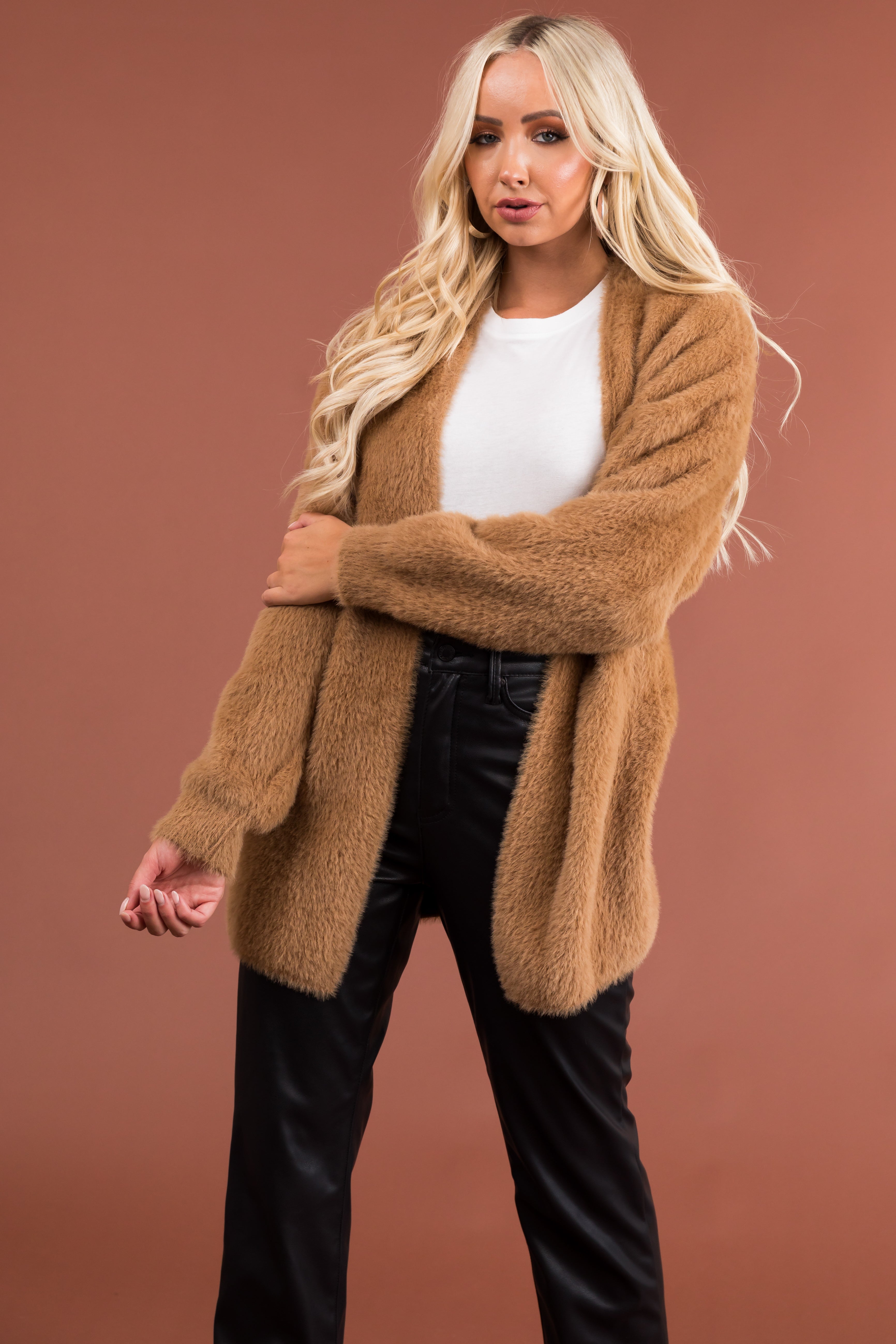 Brown Sugar Faux Fur Open Knit Cardigan