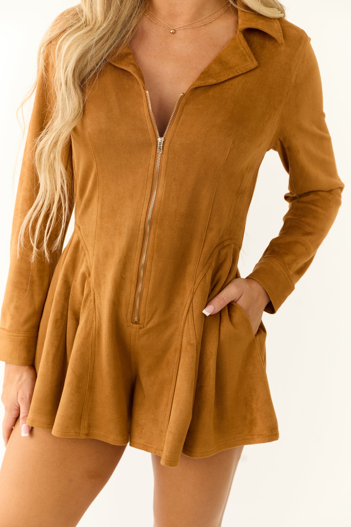 Brown Sugar Faux Suede Zip Up Long Sleeve Romper