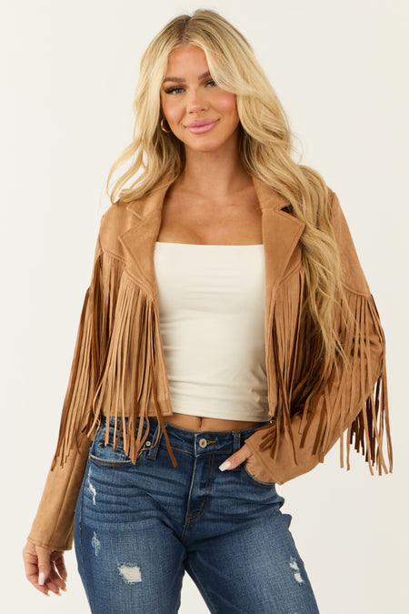 Brown Sugar Open Front Fringe Faux Suede Jacket