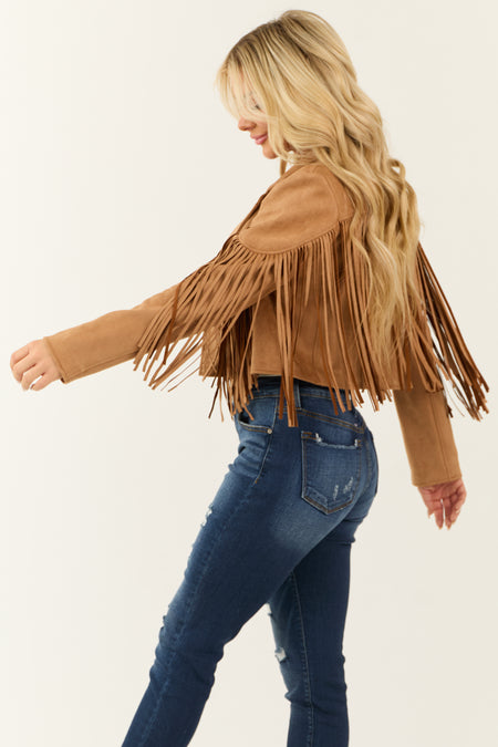 Brown Sugar Open Front Fringe Faux Suede Jacket