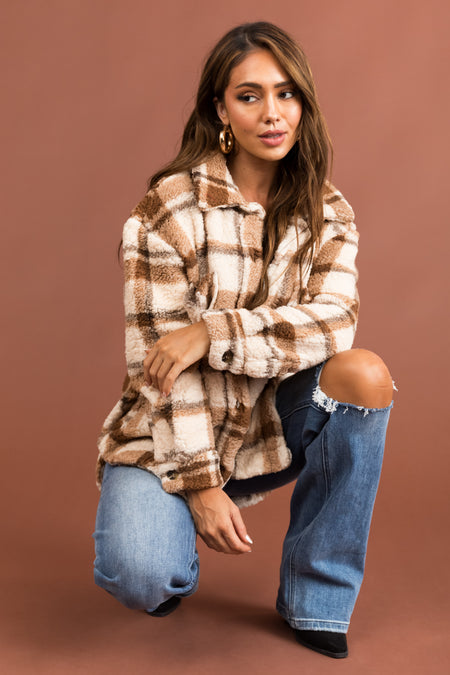 Brown Sugar Plaid Sherpa Button Down Shacket