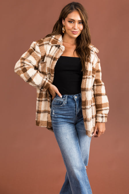 Brown Sugar Plaid Sherpa Button Down Shacket