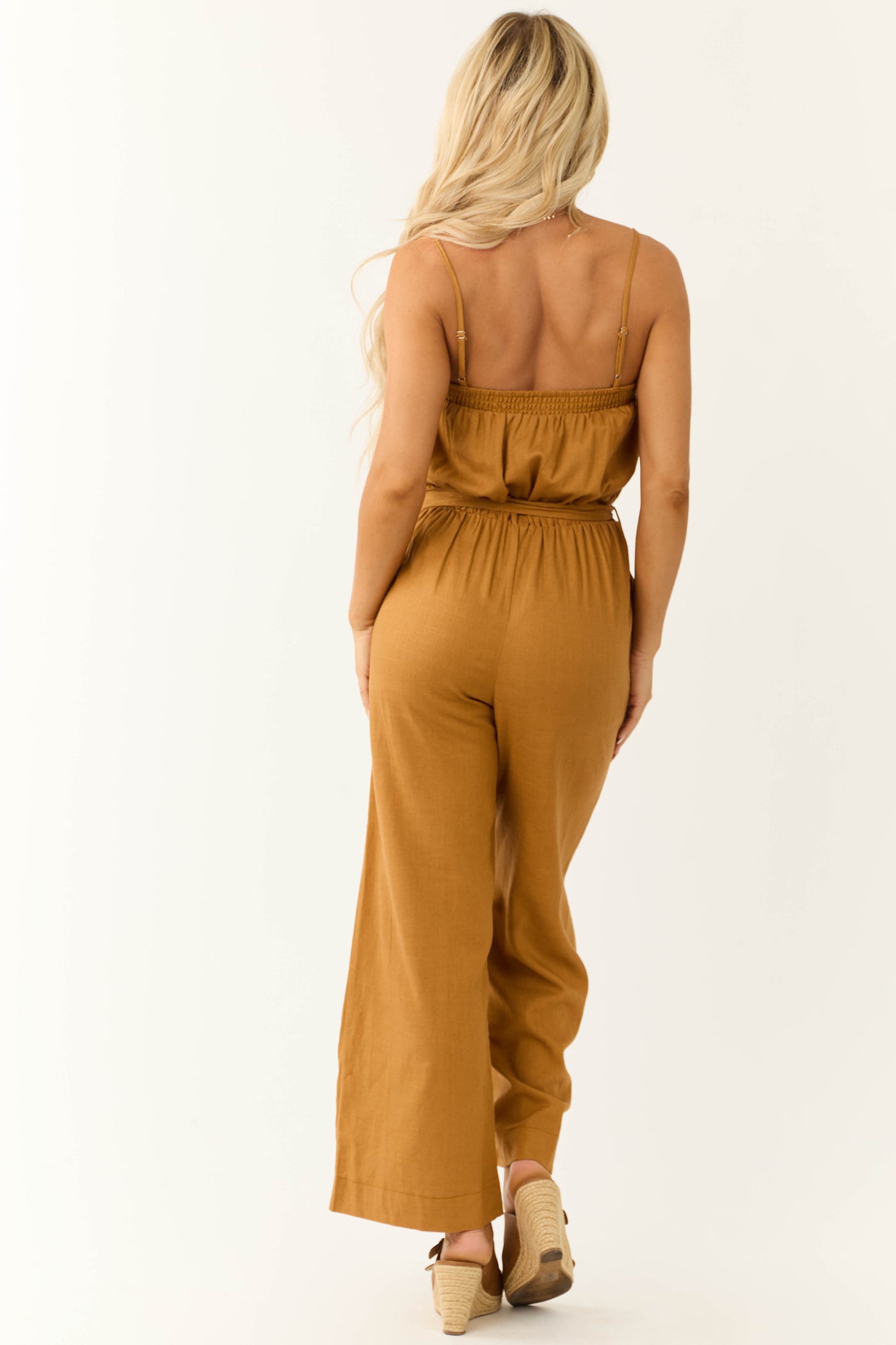 Brown Sugar Sleeveless Tie Waist Linen Jumpsuit