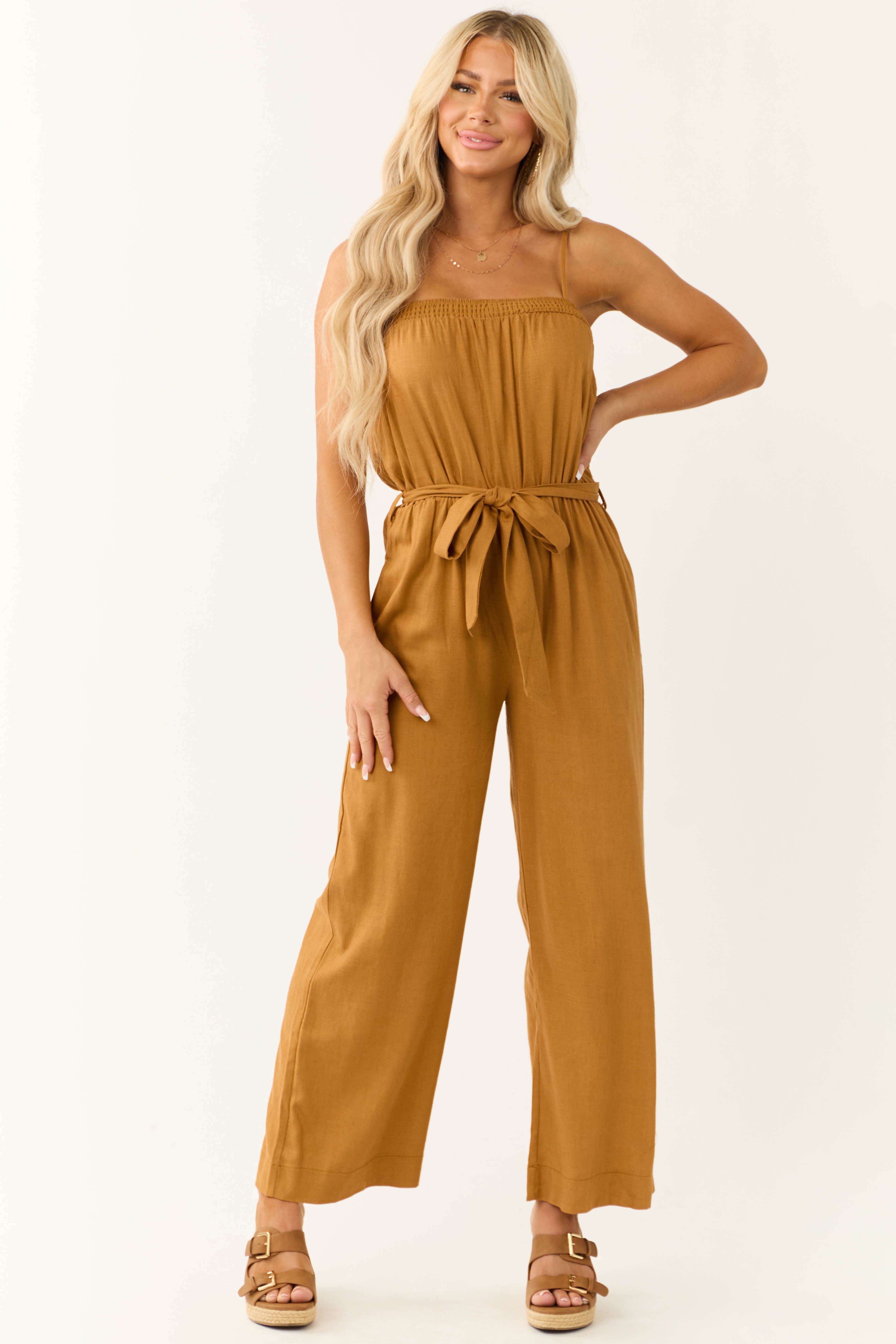 Brown Sugar Sleeveless Tie Waist Linen Jumpsuit