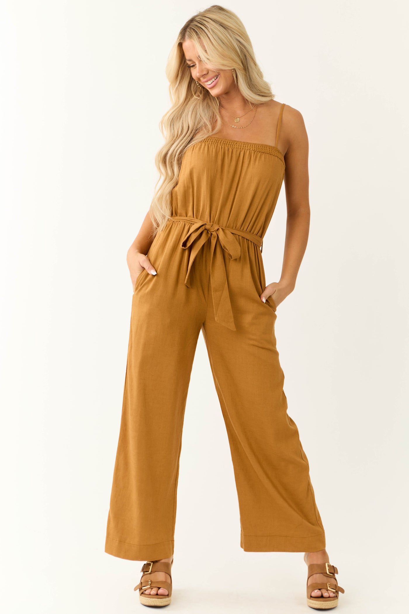 Brown Sugar Sleeveless Tie Waist Linen Jumpsuit