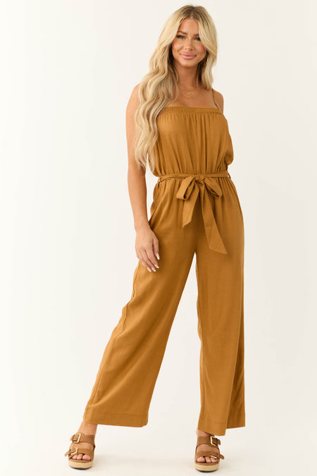 Brown Sugar Sleeveless Tie Waist Linen Jumpsuit