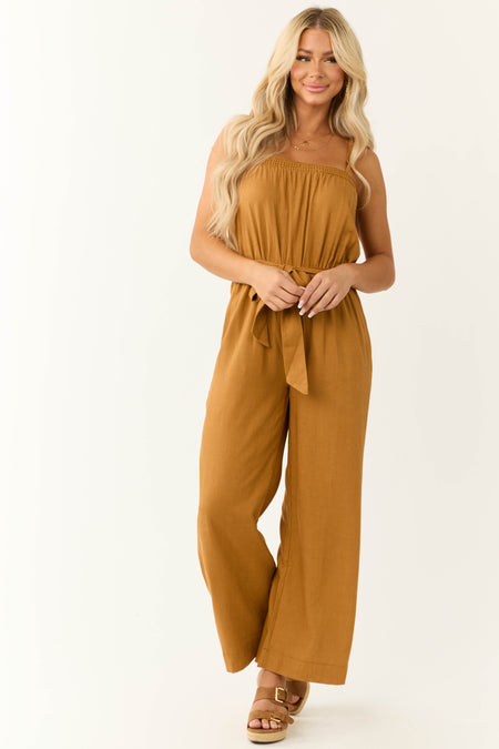 Brown Sugar Sleeveless Tie Waist Linen Jumpsuit