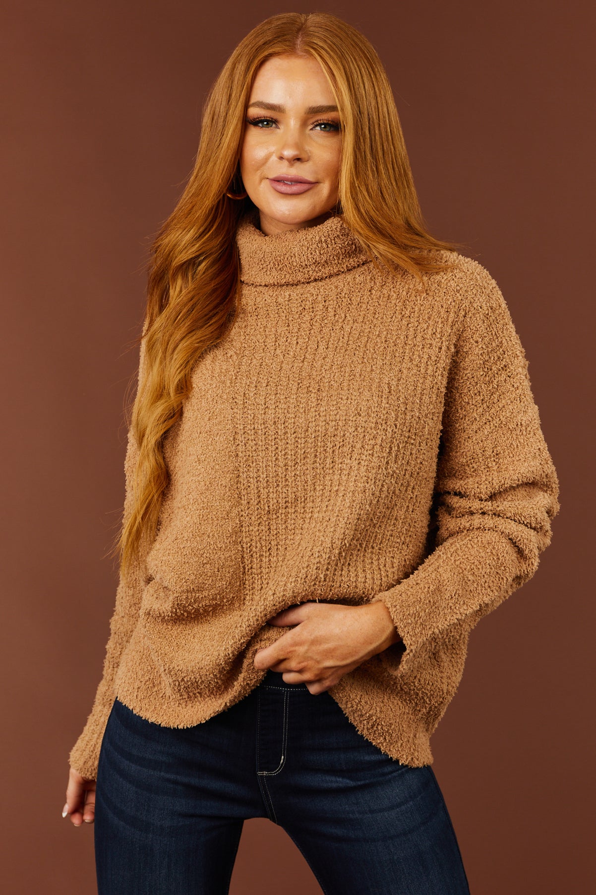 Brown Sugar Textured Long Sleeve Turtleneck Sweater