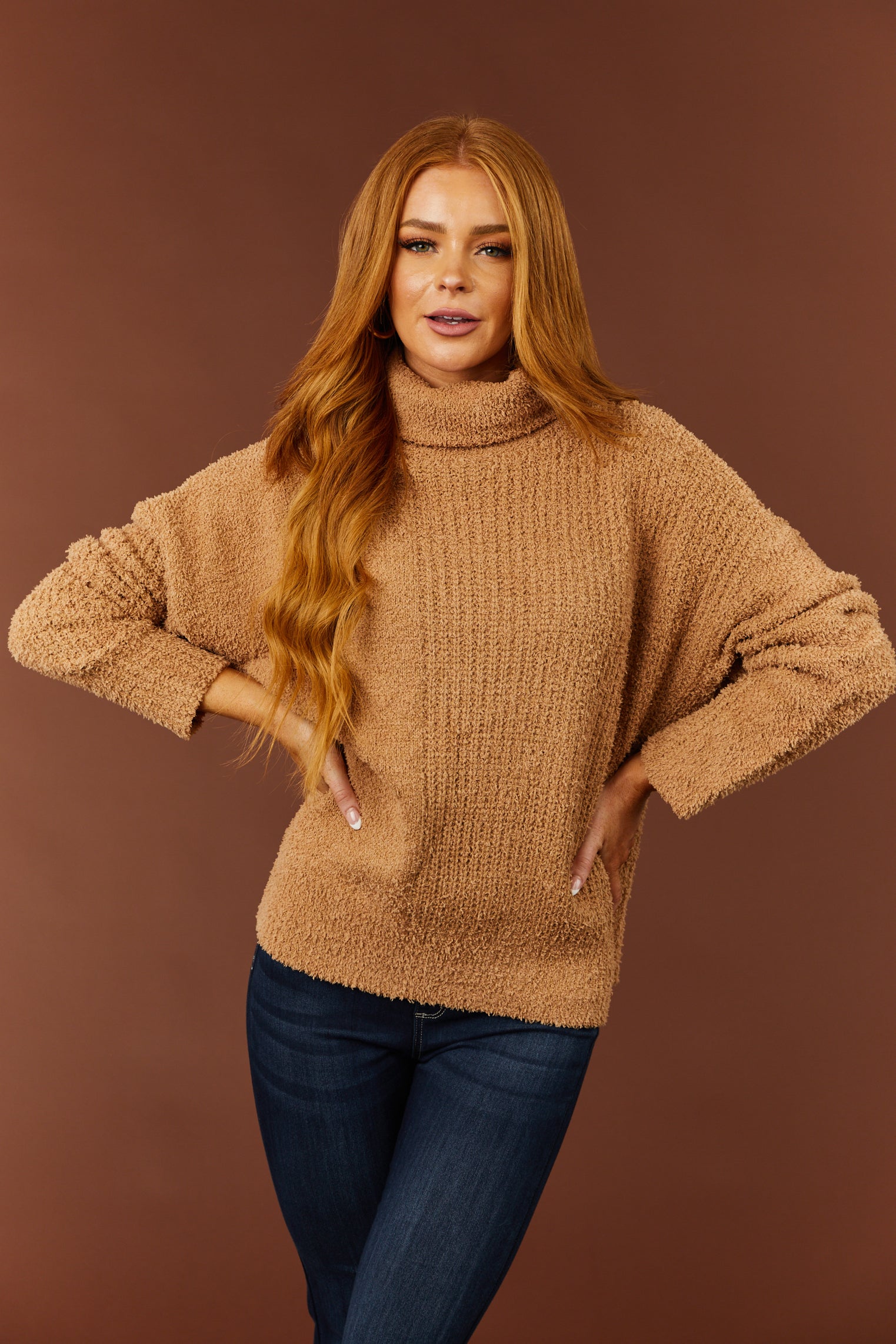 Brown Sugar Textured Long Sleeve Turtleneck Sweater