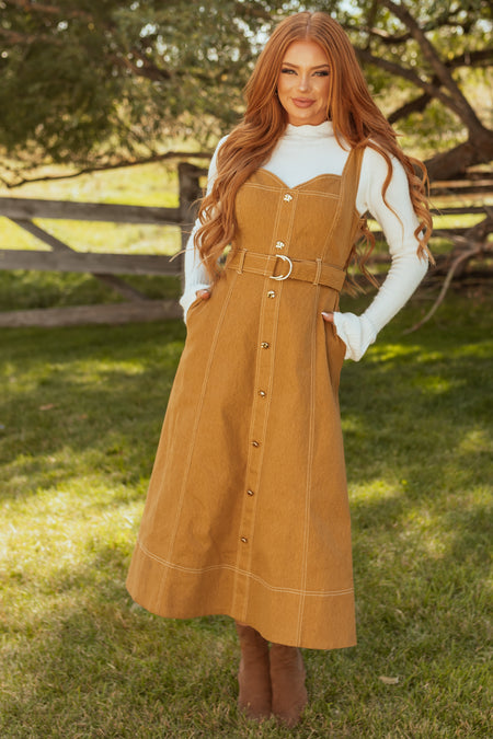 Brown Sugar Denim Sleeveless Belted Midi Dress