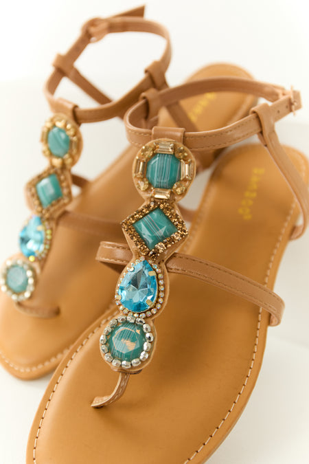 Brown Sugar Thong Sandals with Teal Rhinestone Strap