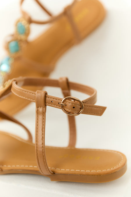 Brown Sugar Thong Sandals with Teal Rhinestone Strap