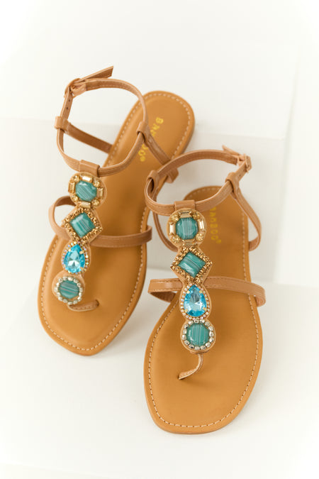 Brown Sugar Thong Sandals with Teal Rhinestone Strap