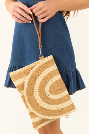 Brown Sugar Two Tone Striped Straw Crossbody Bag