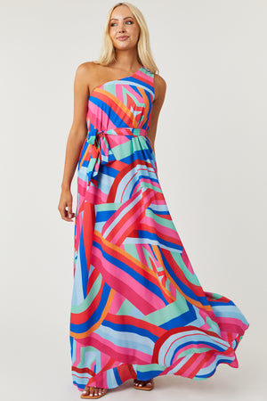 Bubblegum Abstract Print One Shoulder Maxi Dress