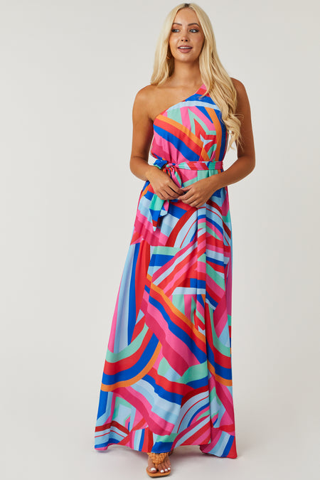 Bubblegum Abstract Print One Shoulder Maxi Dress