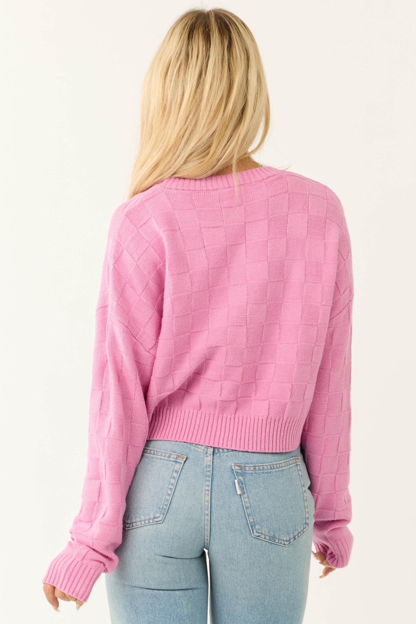 Bubblegum Checkered Texture Long Sleeve Sweater