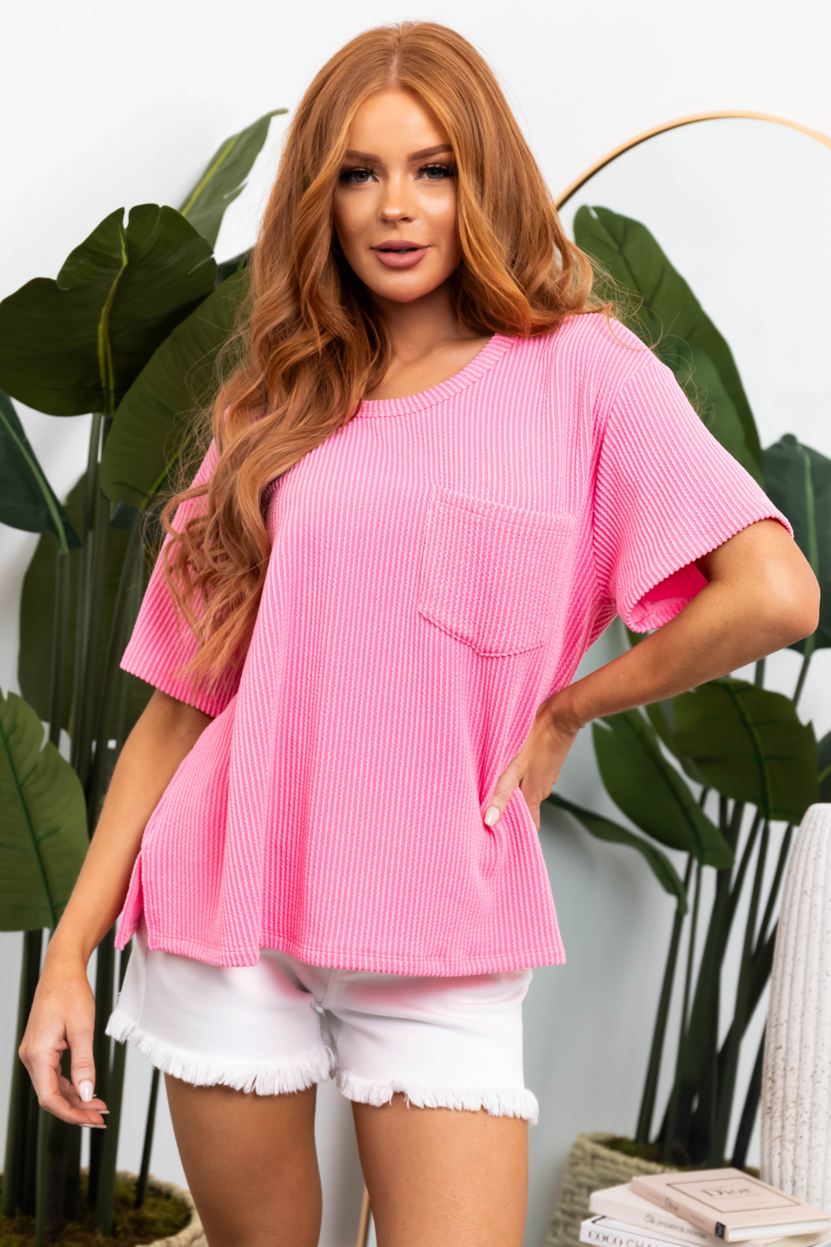 Bubblegum Chest Pocket Wavy Ribbed Knit Top