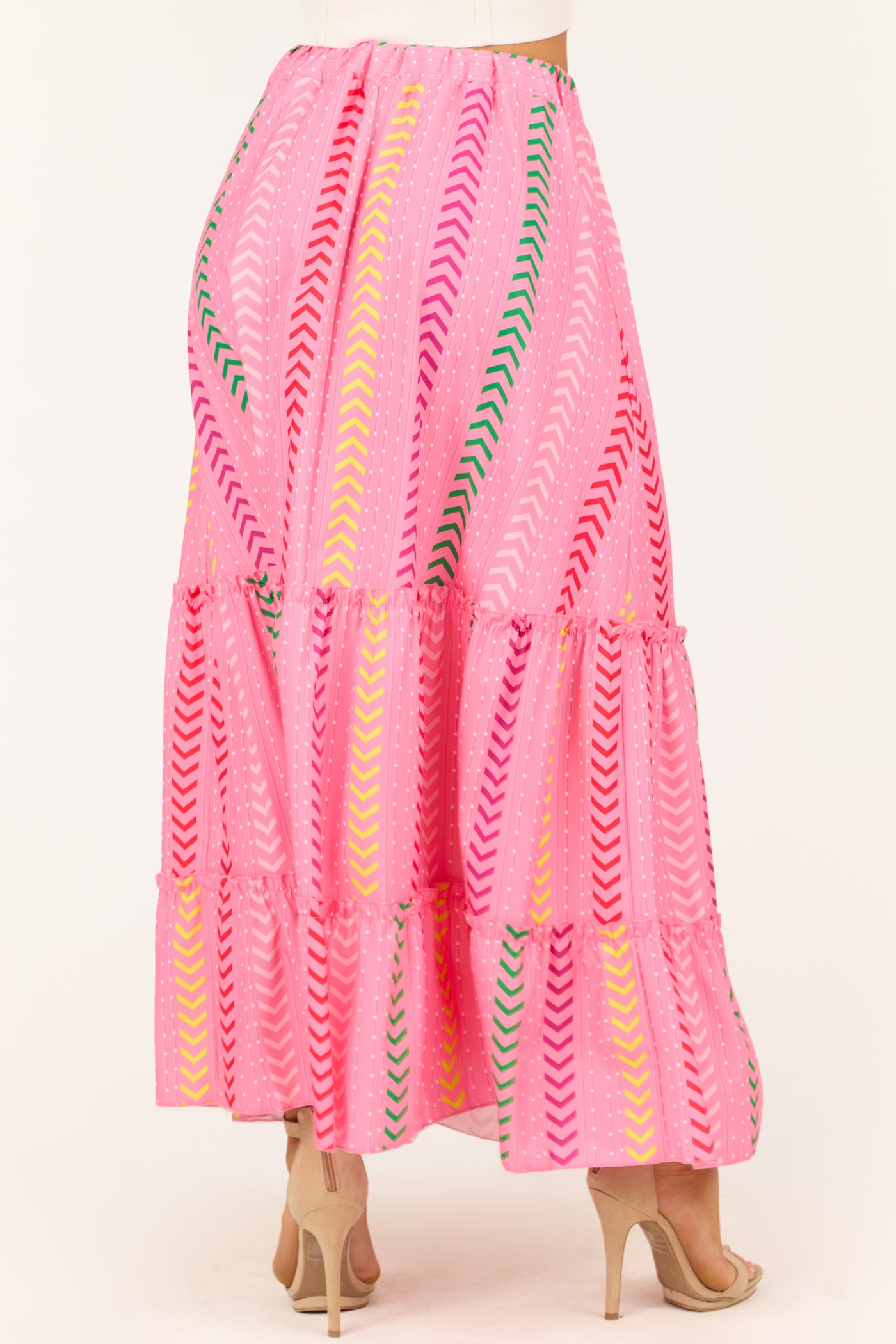 Bubblegum Chevron Print Ruffle Tiered Maxi Skirt