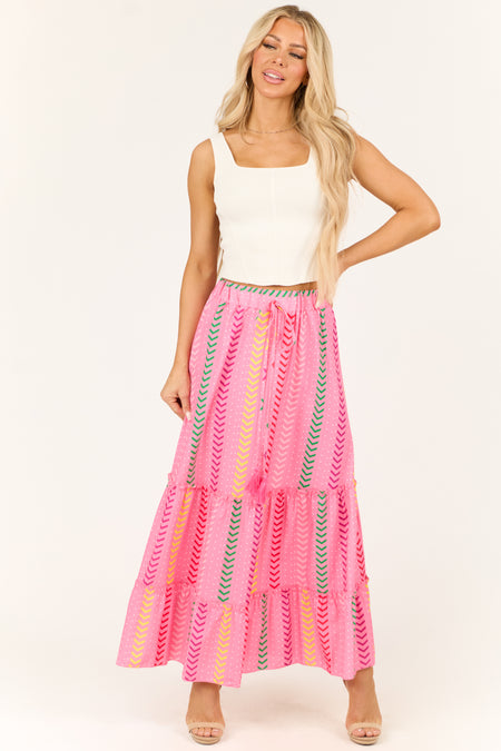 Bubblegum Chevron Print Ruffle Tiered Maxi Skirt