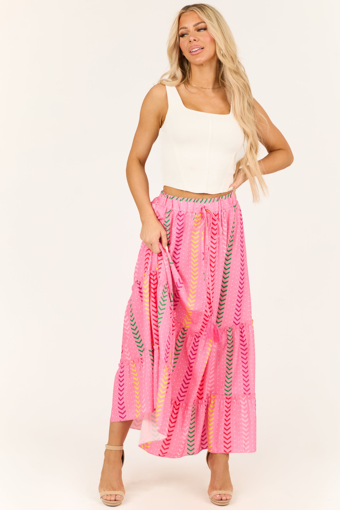 Bubblegum Chevron Print Ruffle Tiered Maxi Skirt