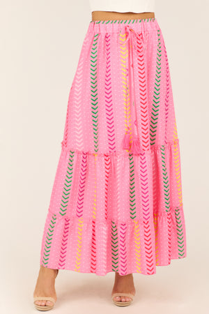 Bubblegum Chevron Print Ruffle Tiered Maxi Skirt