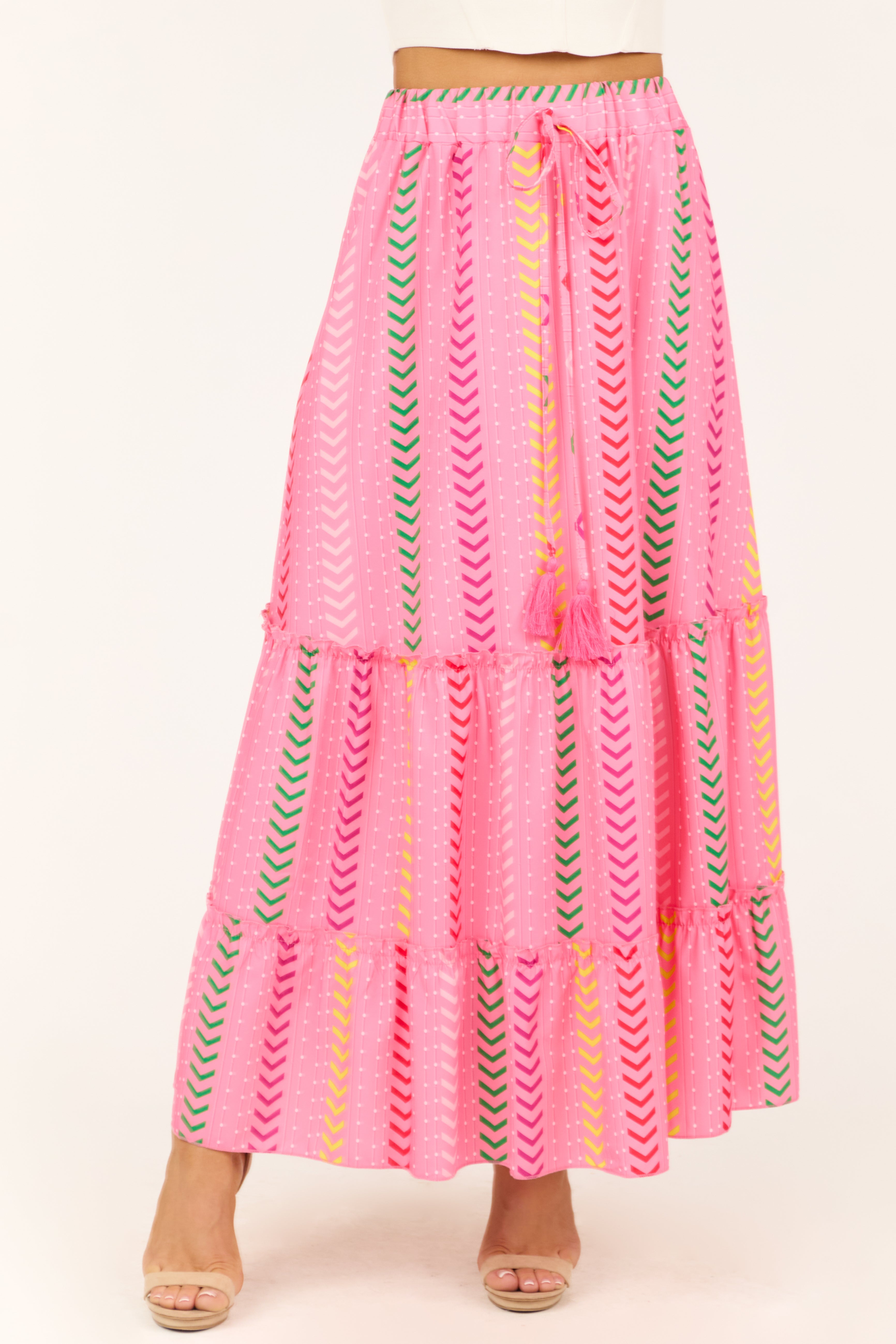 Bubblegum Chevron Print Ruffle Tiered Maxi Skirt