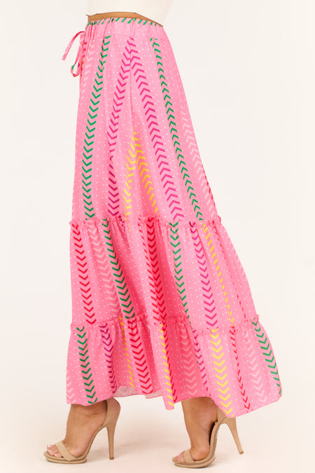 Bubblegum Chevron Print Ruffle Tiered Maxi Skirt