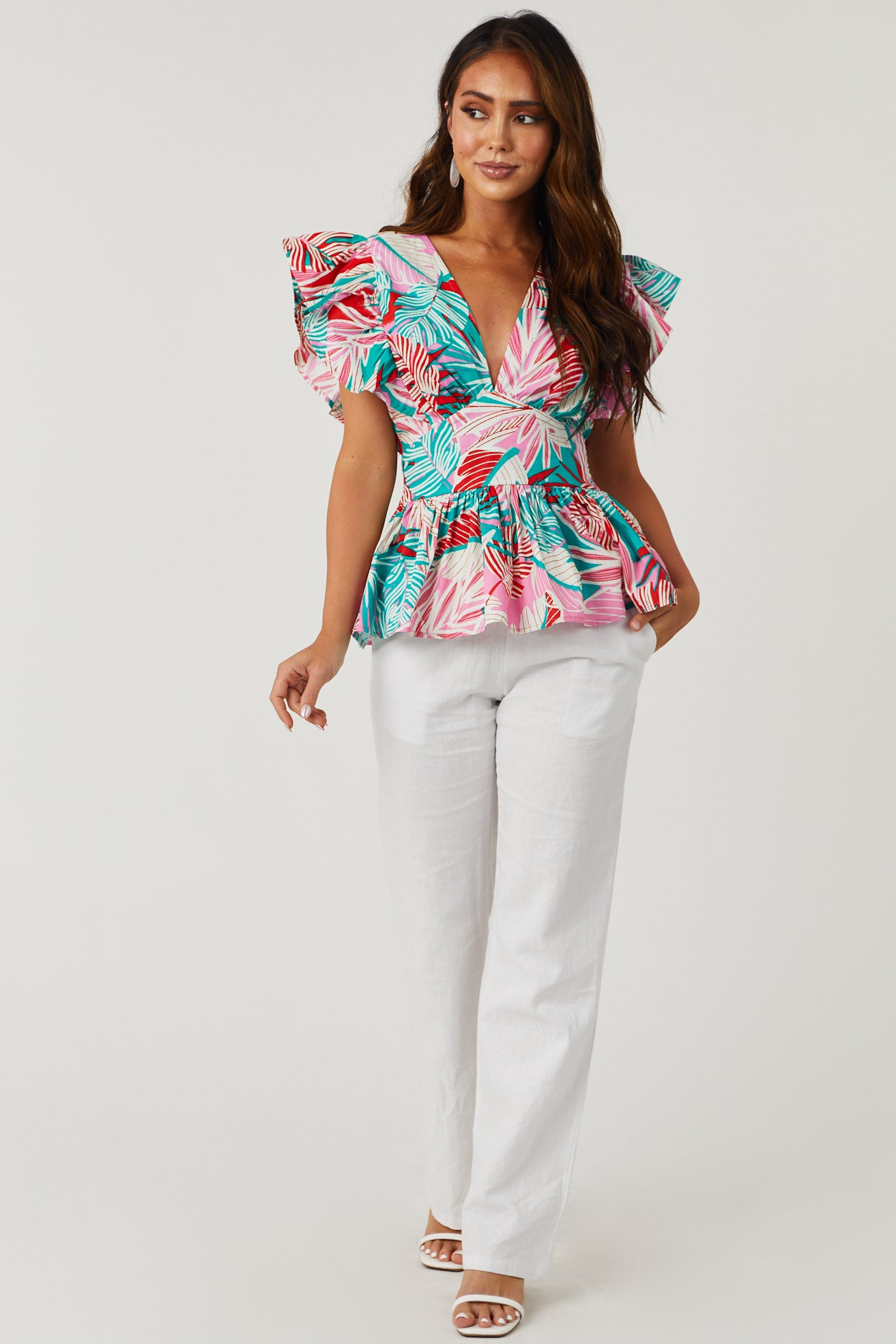 Bubblegum Deep V Neck Ruffle Short Sleeve Top