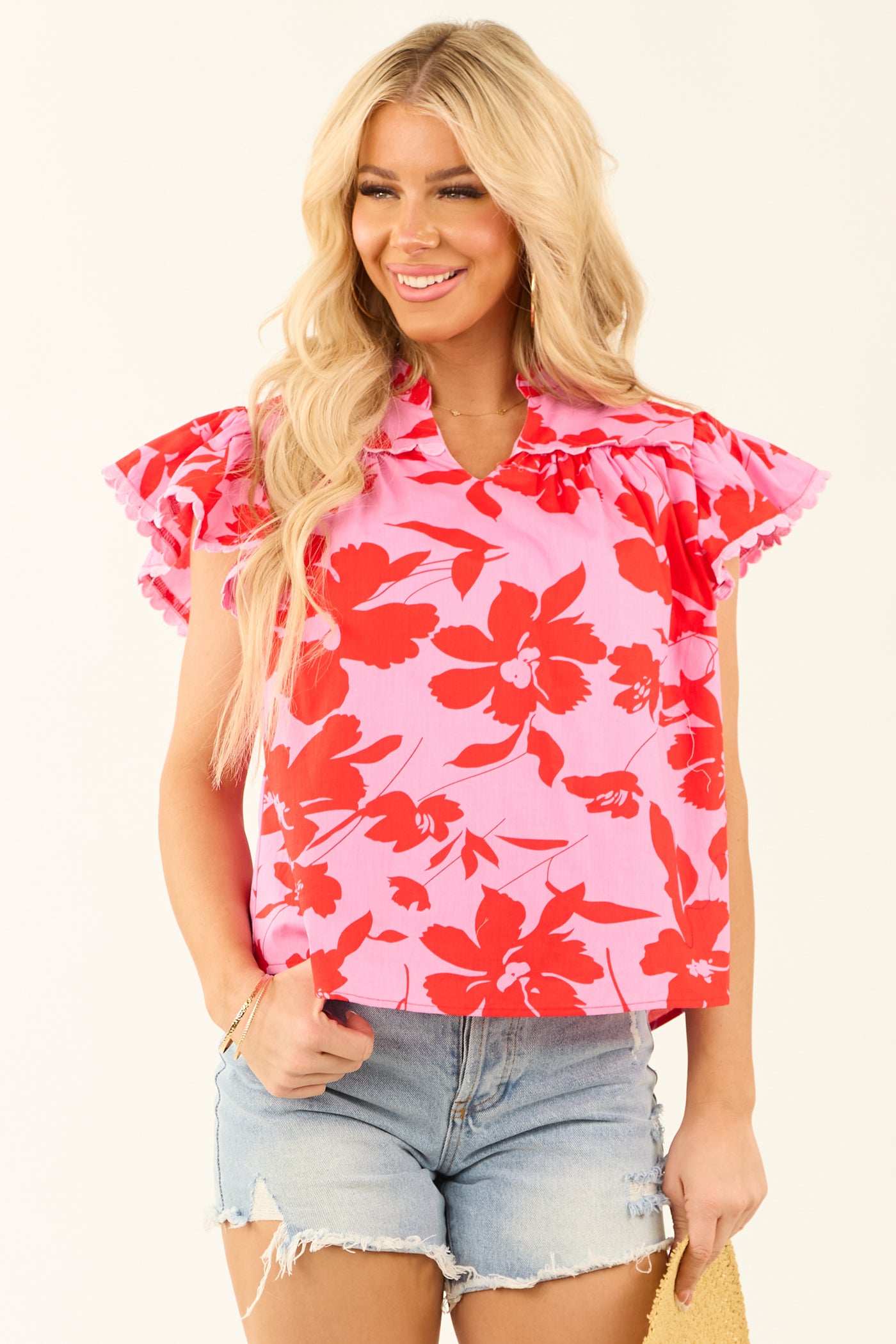 Bubblegum Floral Crochet Lace Trim Short Sleeve Top