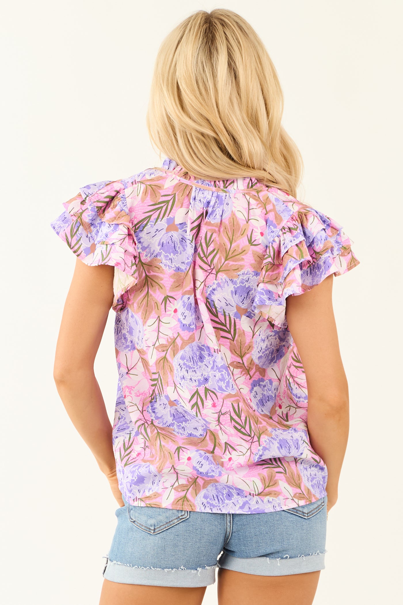 Bubblegum Floral Print Ruffle Short Sleeve Top