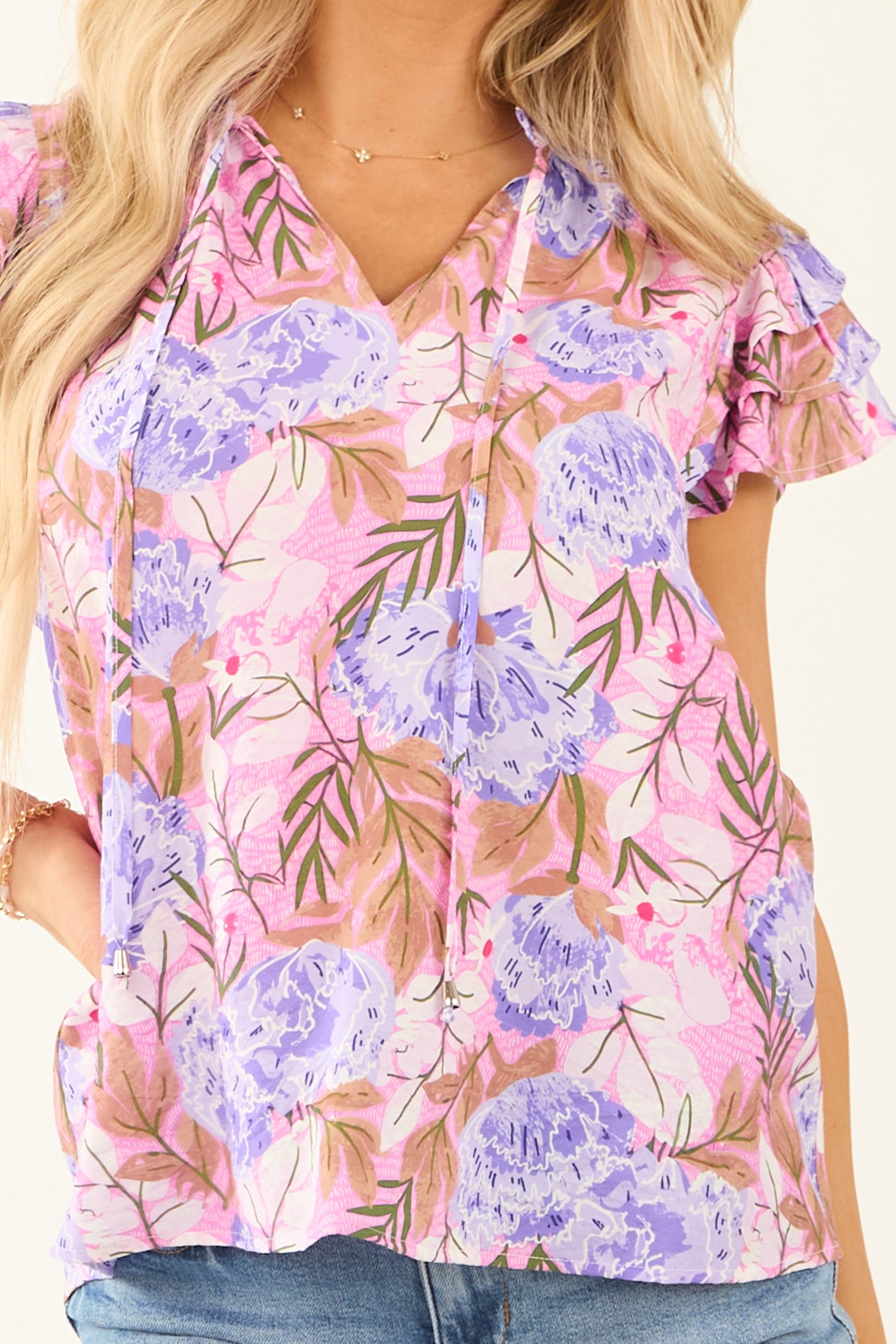 Bubblegum Floral Print Ruffle Short Sleeve Top