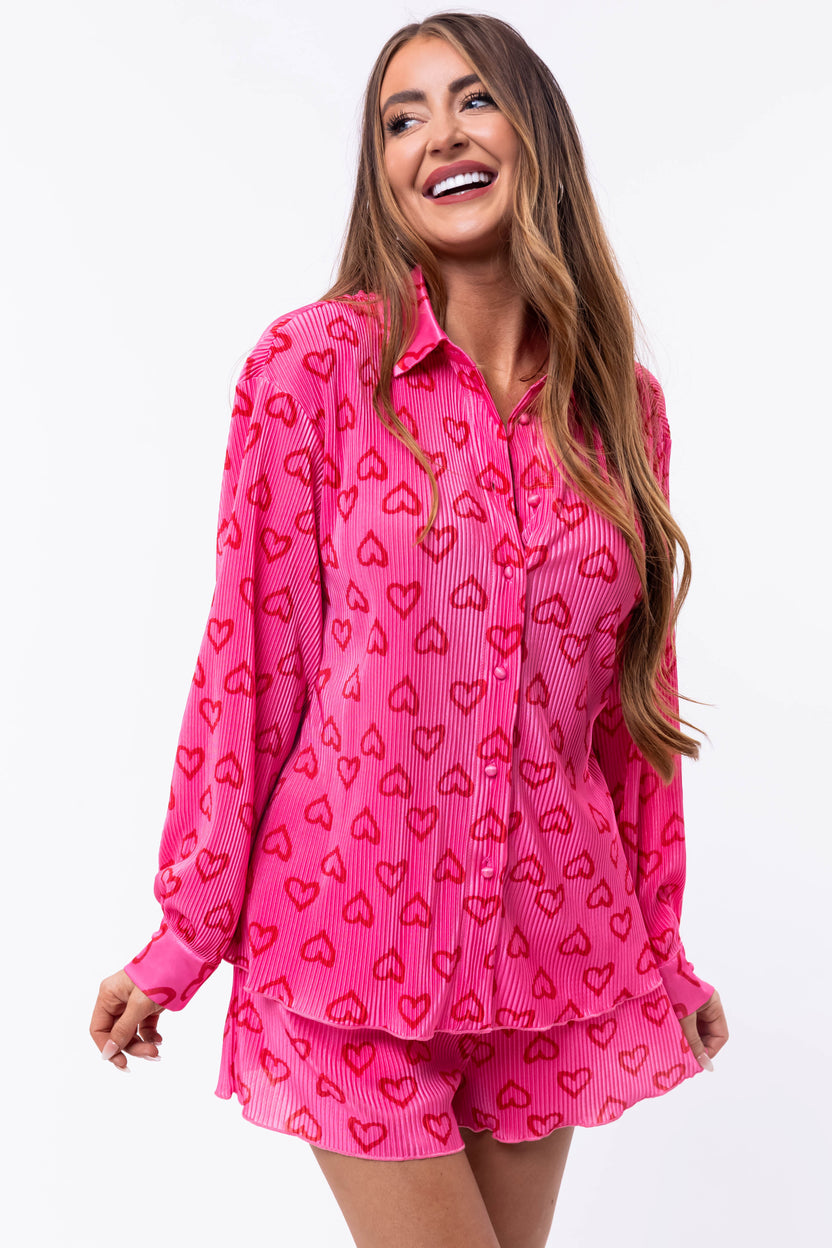 Bubblegum Heart Print Plisse Collared Top